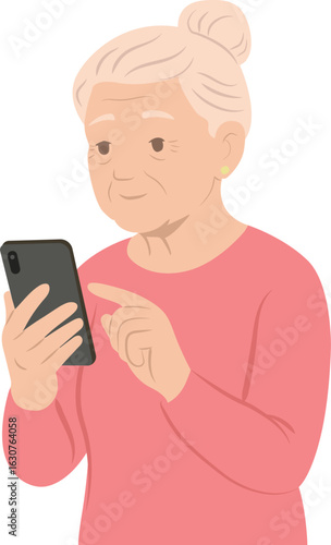 Ilustración digital de una mujer mayor con gafas, cabello canoso y vestimenta casual, utilizando un teléfono inteligente con expresión amigable.  Inclusión digital, autonomía en la tercera edad.