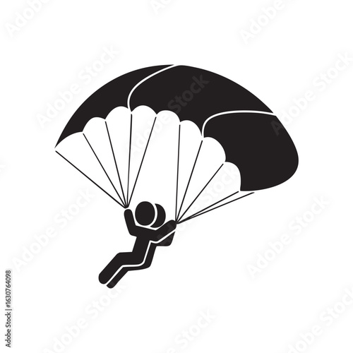 Stylized silhouette of a skydiver descending gracefully under a large open parachute against a white background