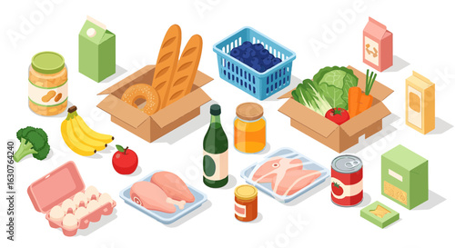 Grocery delivery with fresh food and drinks in boxes