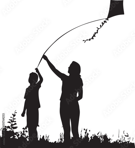 Mother and Child Flying a Kite Silhouette on White Background daughter parent