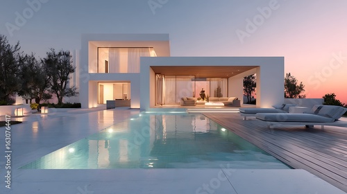 Modern white villa pool lounge chairs sunset trees luxury travel resort exterior