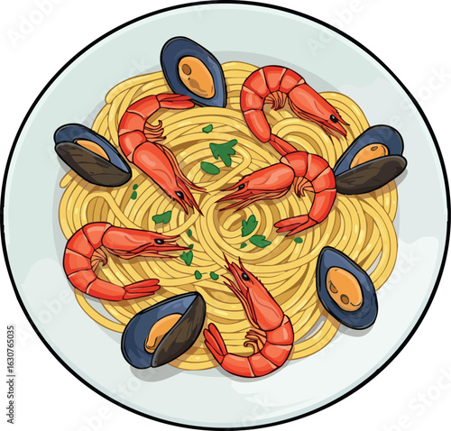Seafood pasta with shrimp and mussels on white plate top view vector illustration 