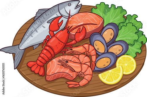 Seafood platter with fish lobster shrimp mussels lemon and lettuce vector illustration 