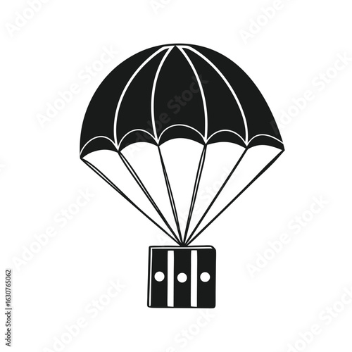 Simple black and white illustration of a parachute carrying a rectangular package with a white background