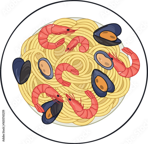 Seafood pasta with shrimp and mussels on white plate vector illustration 