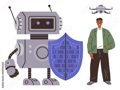 Robot holding shield with binary code, standing next to smiling man and drone. Ideal for technology, cybersecurity, AI, collaboration, future innovation, robotics digital protection. Clean flat