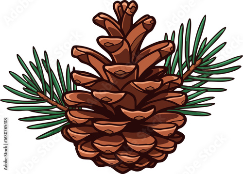 Pine cone with green pine needles detailed vector illustration natural autumn forest element 