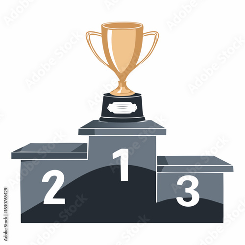 commercial-use royalty-free svg vector illustration of a trophy resting on a three-tiered podium, flat award icon for achievement and recognition