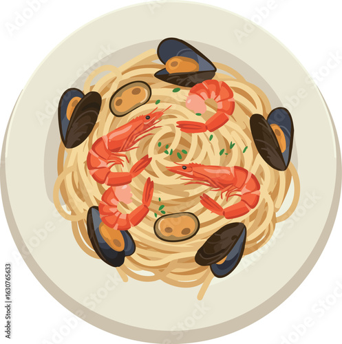 Seafood pasta with shrimp and mussels on plate vector illustration 