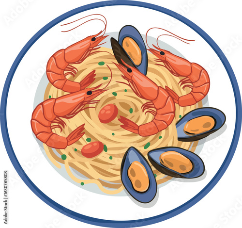 Seafood pasta with shrimp and mussels on white plate vector illustration 