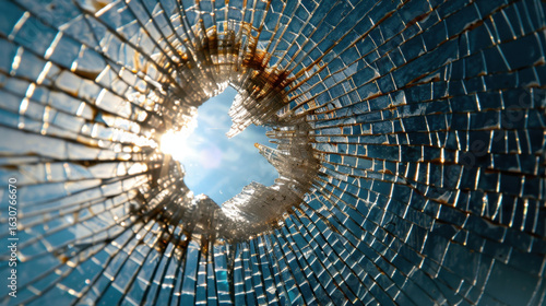 Shattered glass with circular hole reveals bright sunlight streaming through, creating striking contrast between light and texture. intricate patterns of broken glass add depth and intrigue