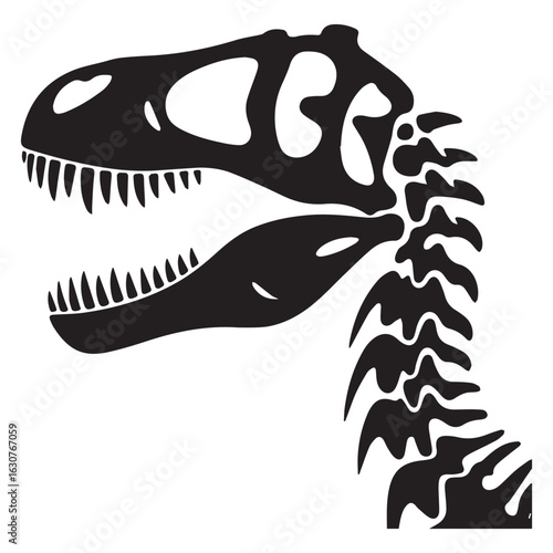 A dinosaur skeleton isolated on white background, showcasing the skull and neck bones in stark detail, evoking a sense of prehistoric power and ancient history