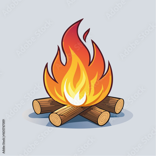 Joli feu de bois, arrière plan blanc légèrement bleuté, feu de camp 
