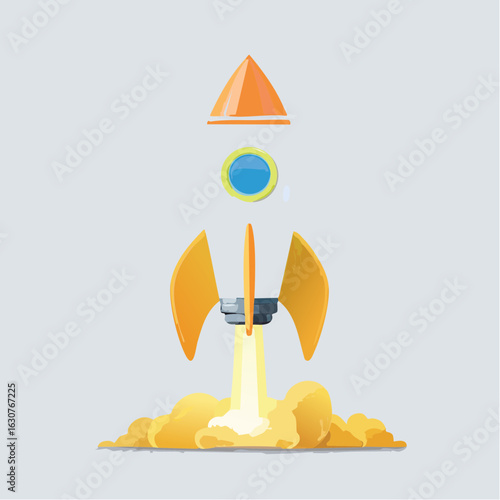 Fusée au décollage, flamme, fond blanc