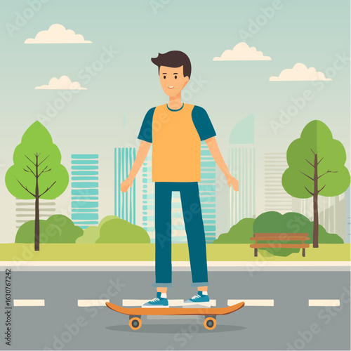 Jeune homme qui fait de la planche à roulettes, décor  urbain et nature