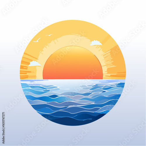Joli coucher de soleil sur l'océan, stylisé, coloré