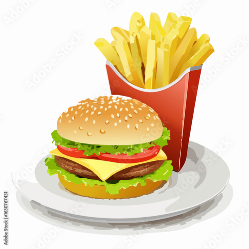 Délicieux hamburger avec des frites françaises , servit sur une assiette 