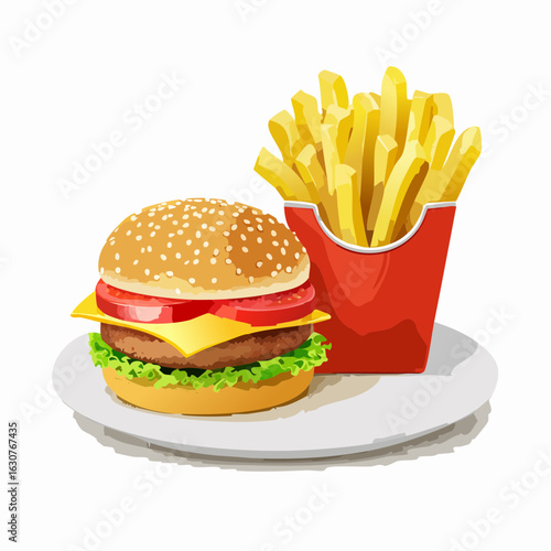 Délicieux hamburger avec des frites françaises , servit sur une assiette 
