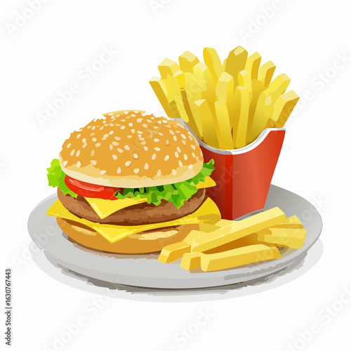 Délicieux hamburger avec des frites françaises , servit sur une assiette 