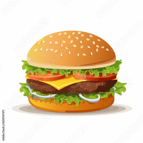 Délicieux Cheeseburger en gros plan, arrière plan blanc ,salade, tomate, oignon, fromage fondu, steak haché