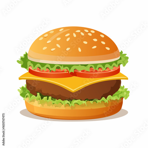 Délicieux Cheeseburger en gros plan, arrière plan blanc ,salade, tomate, oignon, fromage fondu, steak haché