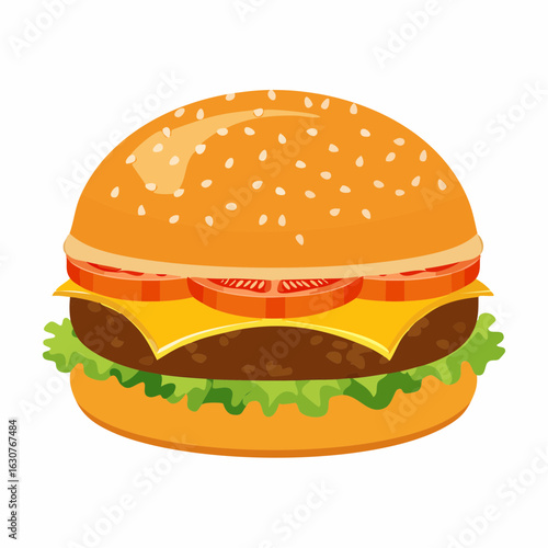 Délicieux Cheeseburger en gros plan, arrière plan blanc ,salade, tomate, oignon, fromage fondu, steak haché
