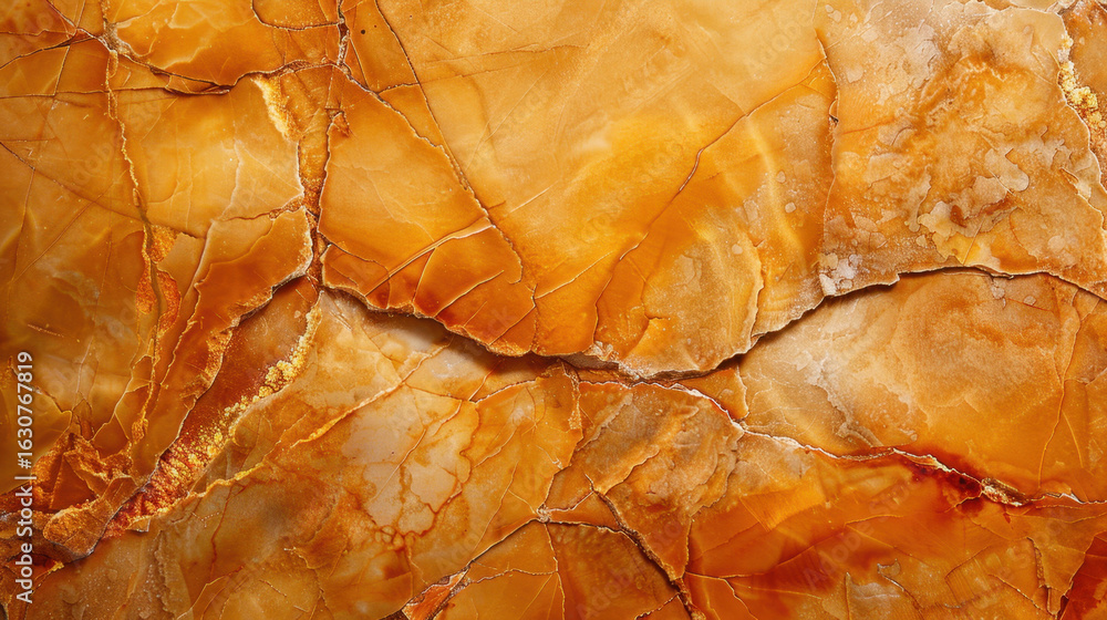 Fototapeta premium Polished orange stone texture with intricate patterns and natural cracks, showcasing warm and inviting appearance. surface reflects light beautifully, enhancing its rich colors and details