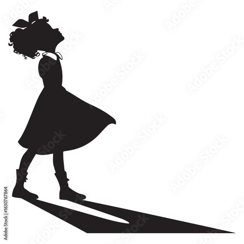 Silhouette of a young girl in dress looking up with hope and inspiration isolated on white background, a beautiful portrait of childhood dreams and imagination