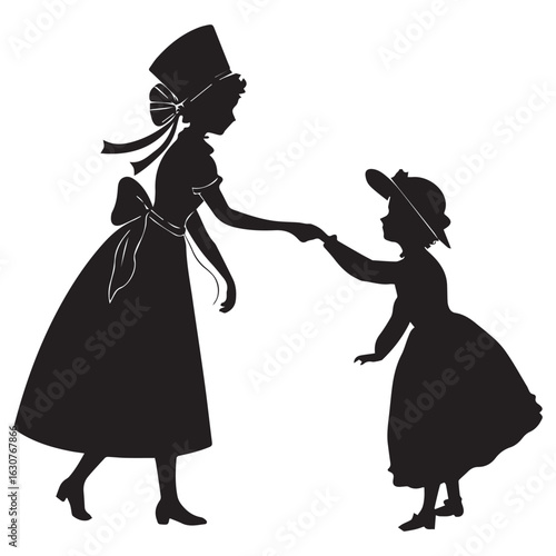 Silhouette of mother and daughter holding hands isolated on white background, a loving family portrait showcasing the bond and support between generations in retro style