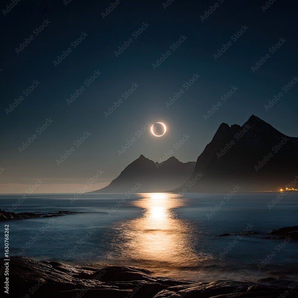 Naklejka premium Night moon eclipse over mountains