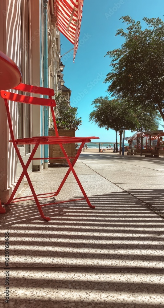 Naklejka premium Red chair, seaside cafe, sunny day, beach view, summer