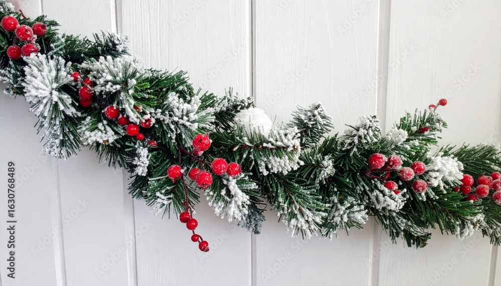 Naklejka premium Festive Christmas Garland with Red Berries and Snowy Greenery on White Wood