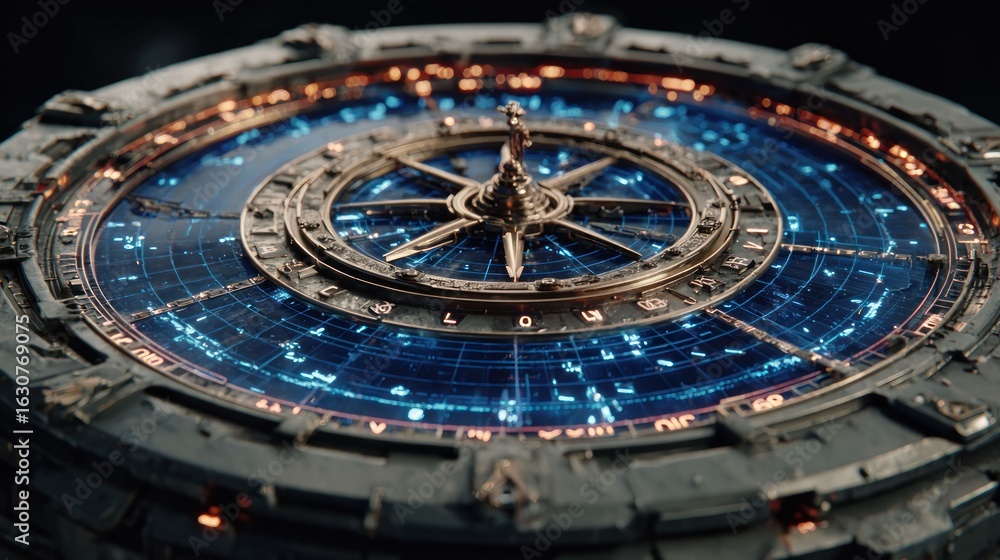 Naklejka premium Futuristic, ornate clock-like device with glowing displays