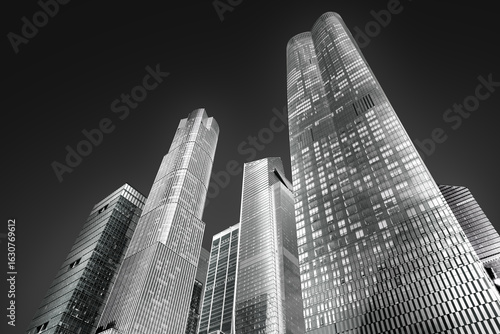 Fine art, black and white photograph looking up at a dense cluster of modern skyscrapers in New York City