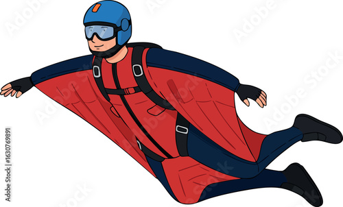 Wingsuit Flyer in Red and Blue Gear Flying Horizontally Vector Illustration 
