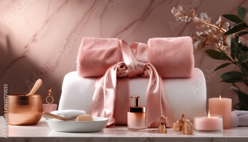 indulge in a serene escape with luxurious silk bathrobes casting a spell of relaxation glimmering rose gold bath accessories add a touch of opulence immerse yourself in a ritual of self care with