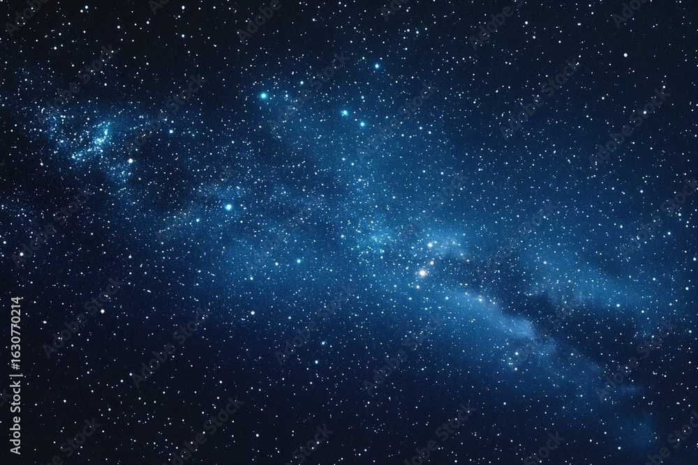 Fototapeta premium Starry sky background, blue night sky full of stars, glowing stars in the dark space, starry background, dark night, stars in the distance, starlight, dark background with a blue glow, night sky. 