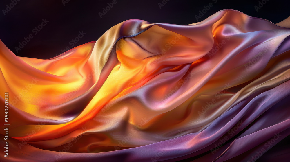 Obraz premium Soft glowing lights create dreamy abstract wave of silk fabric, showcasing vibrant hues of orange and purple. flowing texture evokes sense of elegance and tranquility