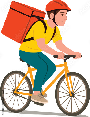Ilustración digital de un repartidor joven pedaleando por la ciudad, usando mochila de entregas y ropa informal. Movilidad ecológica y servicios de delivery modernos,apps de reparto, logística urbana,