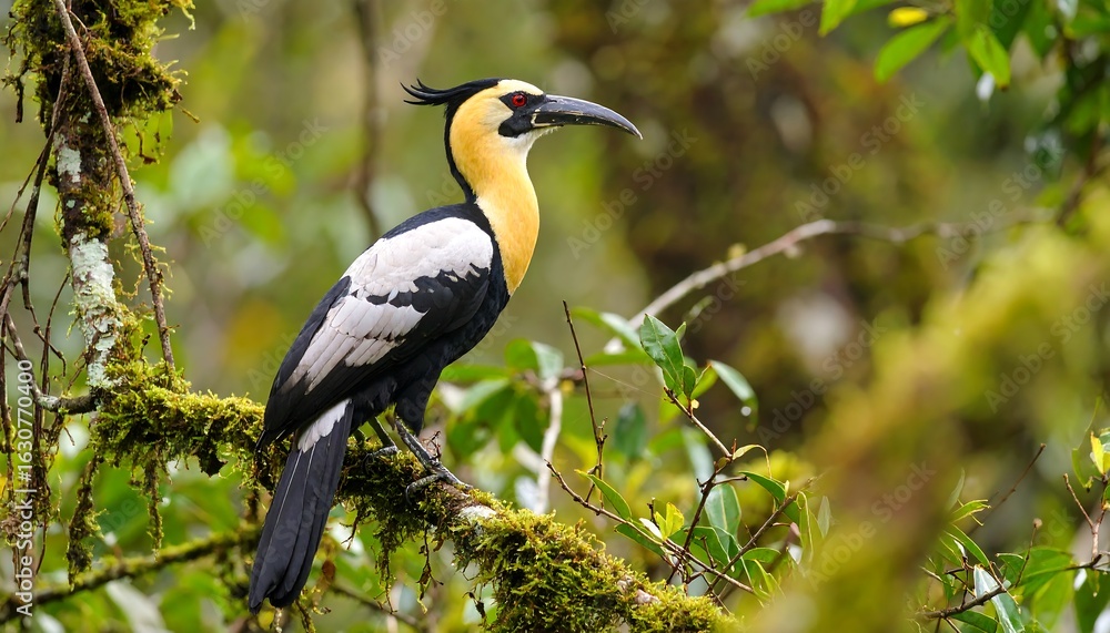 Obraz premium Colorful bird perched on mossy branch