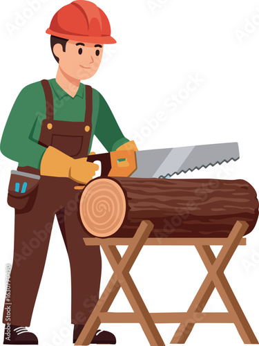 Construction worker cutting wood log with handsaw wearing safety helmet and gloves vector illustration 