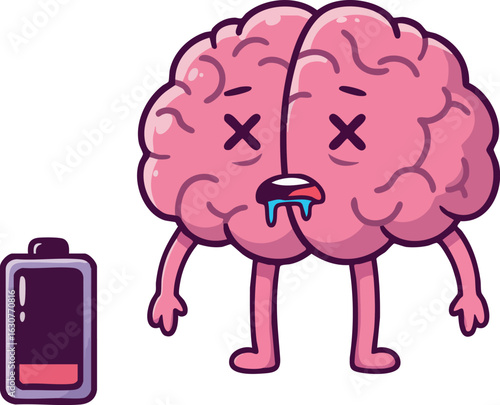 Tired brain character with low battery icon showing exhaustion and fatigue in concept illustration 