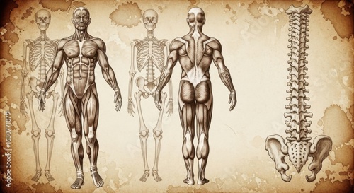Vintage anatomical illustration of human musculature and skeletal system