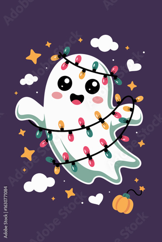ghost character is happily adorned with bright, yellow string lights, creating a festive appearance