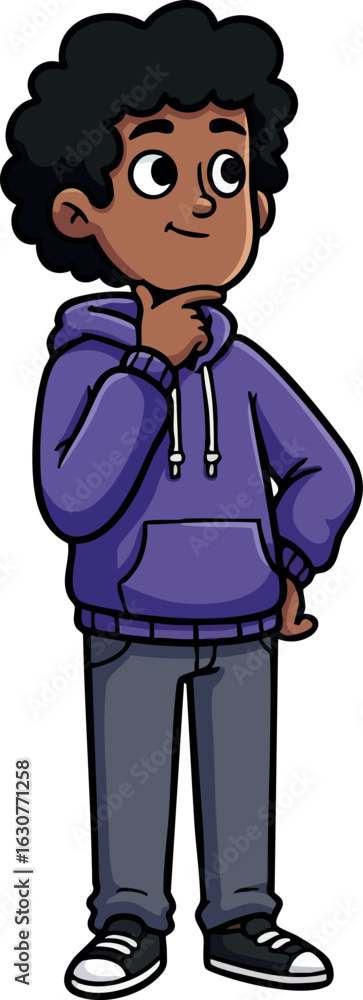 Naklejka premium Curious boy standing in purple hoodie and gray pants looking upward vector illustration