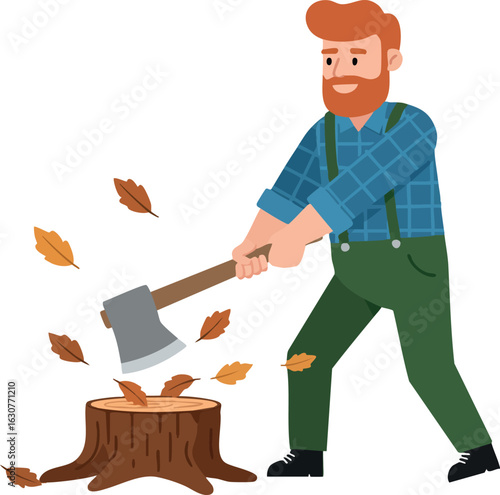 Red haired man chopping wood with axe autumn leaves falling vector illustration 