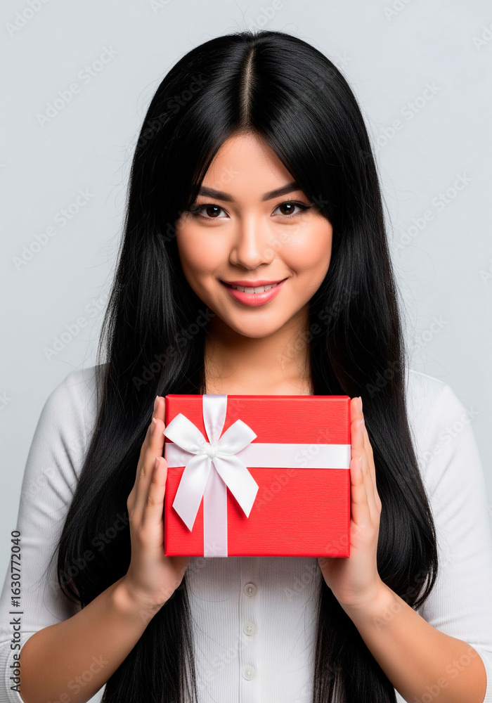 Fototapeta premium Smiling Woman with Long Black Hair Holding Red Gift Box with White Bow, Holiday Portrait, ECO Christmas gifts