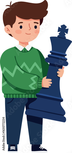 Boy holding large chess king piece standing in casual clothes vector illustration 