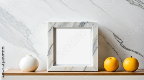 A white marble frame with a white vase and two oranges sits on a wooden shelf