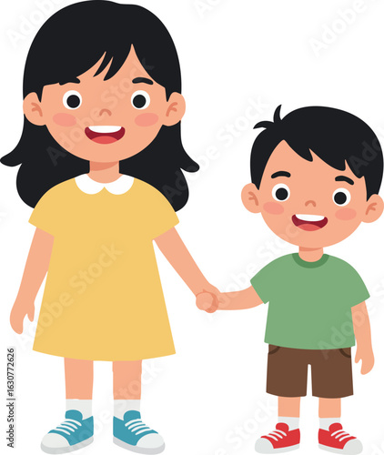 Happy little girl and boy holding hands smiling together vector illustration 
